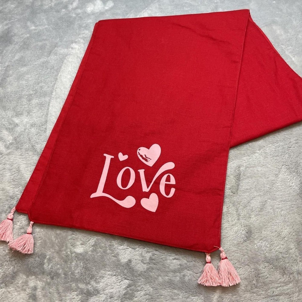 Love Valentines Day Table Runner 13"x70" Red Pink Hearts Tassels Party 70s
